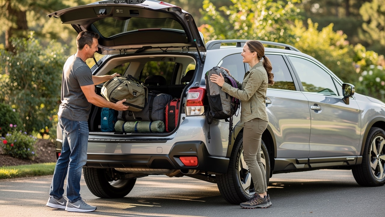 Couple loading luggage into Subaru SUV outdoors
