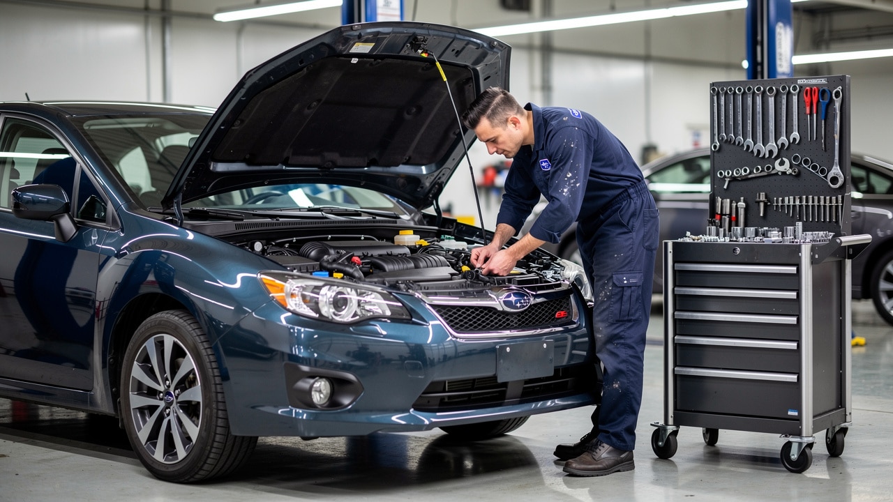 Mécanicien inspectant moteur Subaru d'occasion en atelier