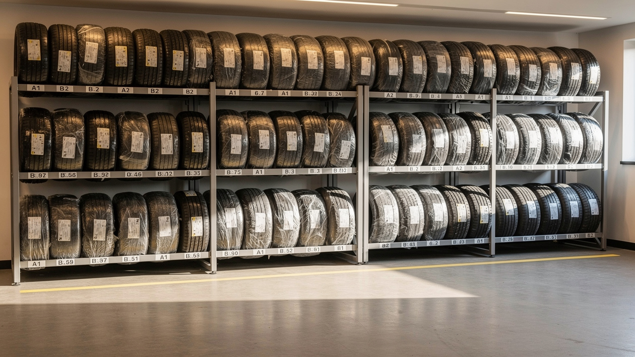 Entrepôt organisé pour le stockage saisonnier des pneus